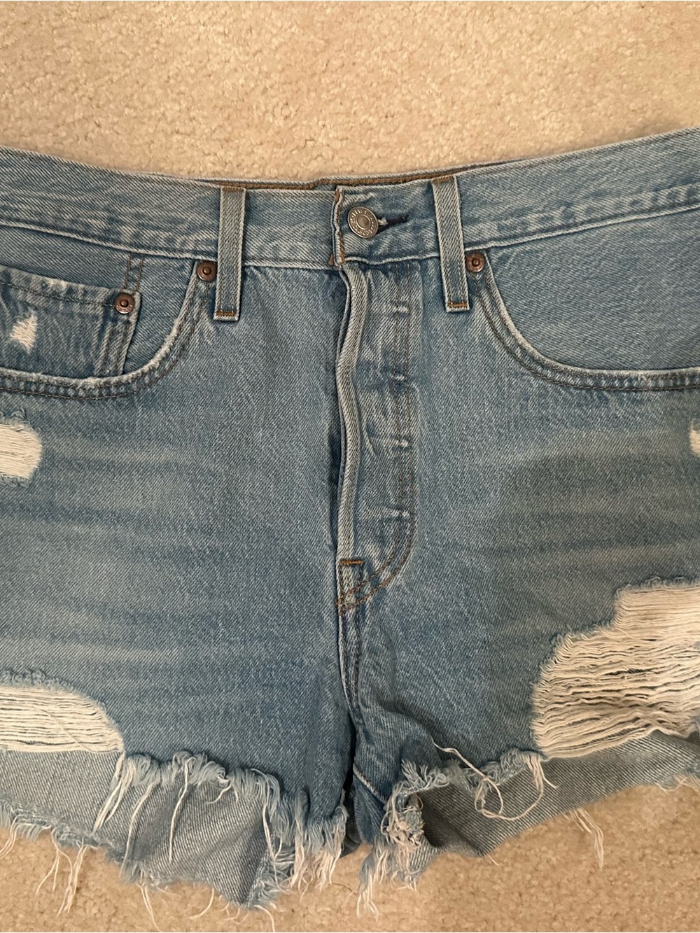 Levi's Light Blue Distressed Women's Denim Shorts button fly size 27 501
